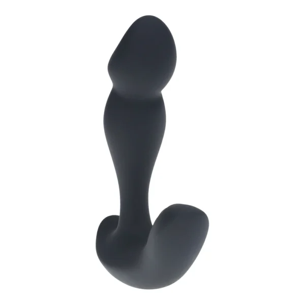 A black, curved silicone prostate massager with a bulbous tip and ergonomic shape, designed for internal and external stimulation.