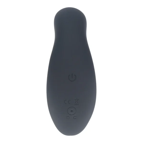 A black, oval-shaped electronic device with a power button, charging port, and certification marks on its surface, photographed against a white background.