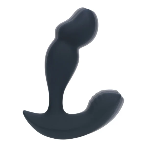 A black silicone prostate massager with a curved, ergonomic shape and a contoured base designed for comfort and targeted stimulation.