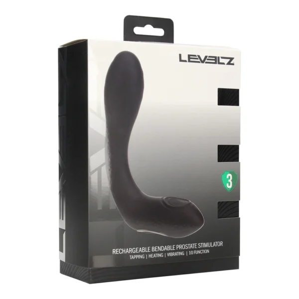 A box displays the Levelz rechargeable bendable prostate stimulator, showing an image of the curved device and text highlighting its tapping, heating, vibrating, and 10 function features.
