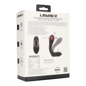 Product box for the LEVELZ rechargeable bendable prostate stimulator, showing product image, features like tapping and heating, usage instructions, and branding information on a white background.