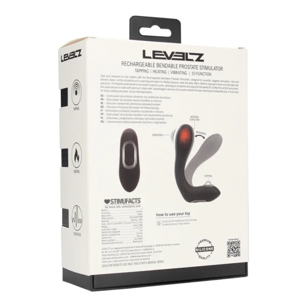 Product box for the LEVELZ rechargeable bendable prostate stimulator, showing product image, features like tapping and heating, usage instructions, and branding information on a white background.