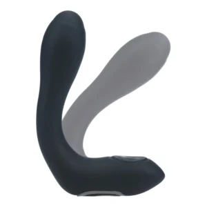 Dual-ended prostate massager in black and grey, curved and made of smooth silicone material, designed for intimate use, set against a white background.