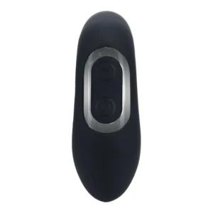 Black oval-shaped electronic device with two buttons on top, one with a power symbol and one with a squiggly line, set in a metallic oval frame. The device appears sleek and minimalist.