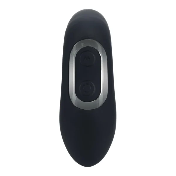 Black oval-shaped electronic device with two buttons on top, one with a power symbol and one with a squiggly line, set in a metallic oval frame. The device appears sleek and minimalist.