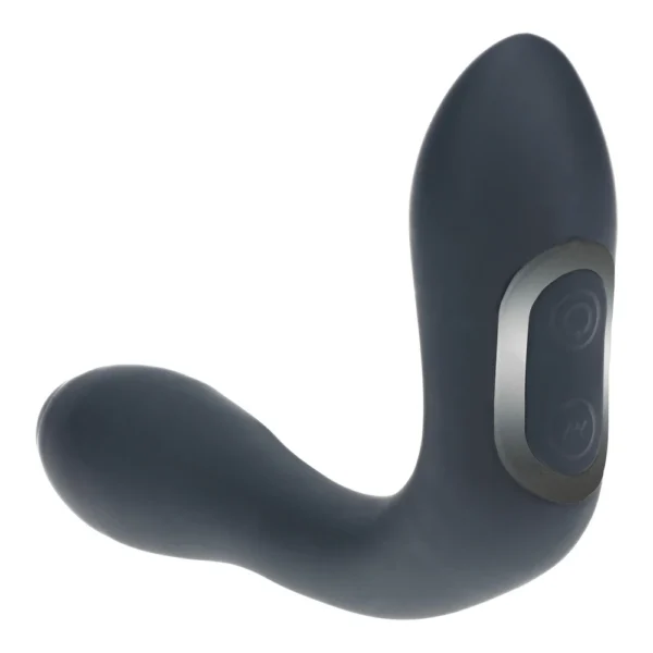 A black, L-shaped silicone prostate massager with two buttons on its side for control.