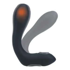 A black and grey L-shaped prostate massager with a glowing orange tip, shown against a white background.