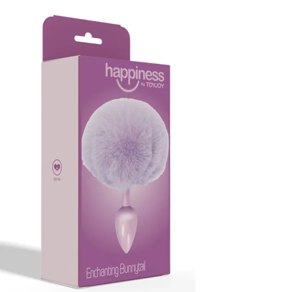 A lavender-coloured box labelled “happiness by TOYJOY” displays a fluffy, light purple bunny tail plug with the text “Enchanting Bunnytail” at the bottom.