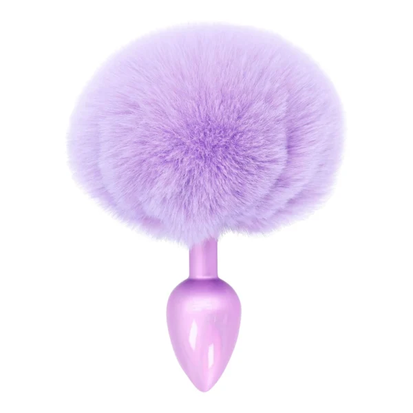 A pink metal plug with a large, fluffy, light purple faux fur pom-pom attached at the end, shown against a white background.